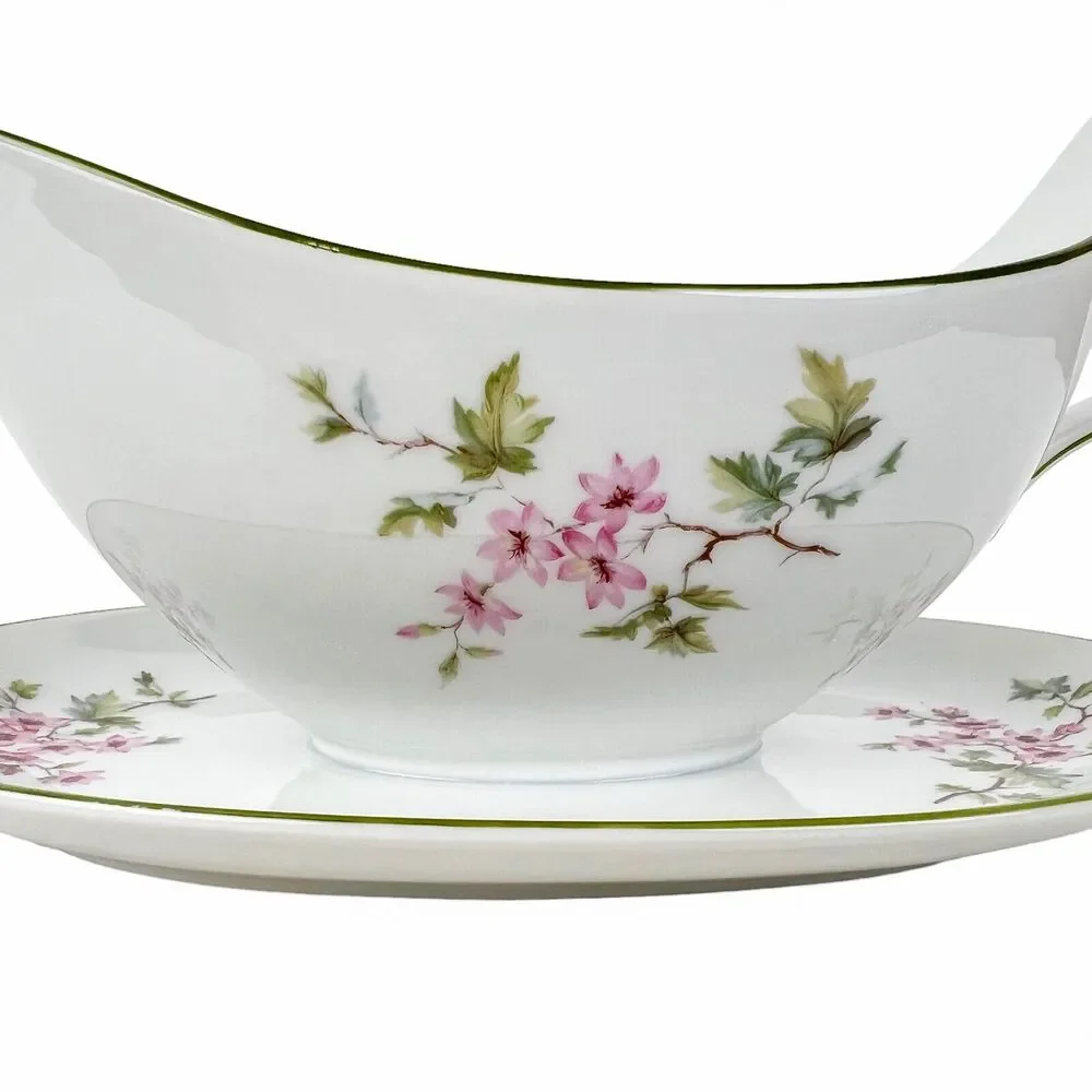 Gravy Boat Hutschenreuther Selb Bavaria Attached Underplate Handle Pink Flowers